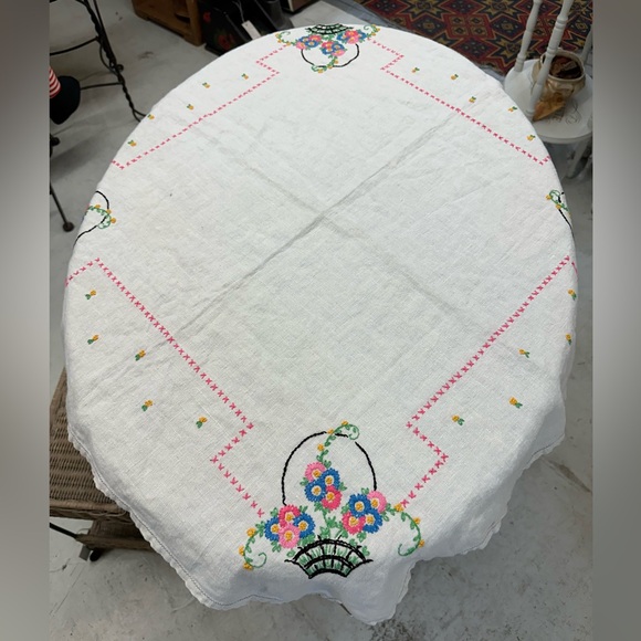VTG Cross Stitched & Embroidered Floral Baskets Tea Towel Table Top Linen 30” - Picture 4 of 12